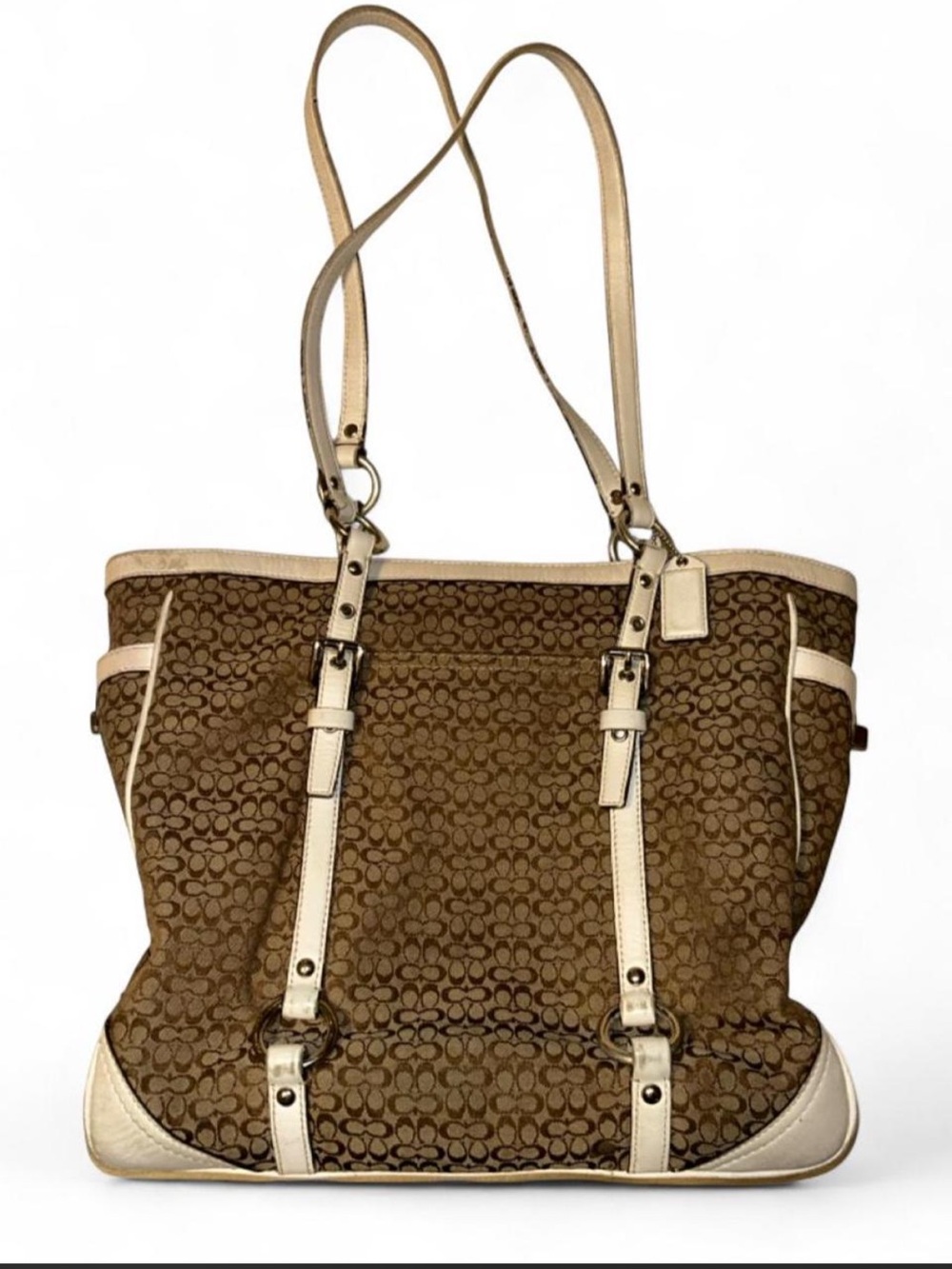 Coach Signature monogram Gallery tote bag with white leather trim